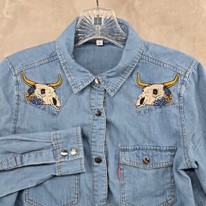 ACL Women S Denim Western Shirt Bluebonnet Bull Skull Embroidered Snap Front